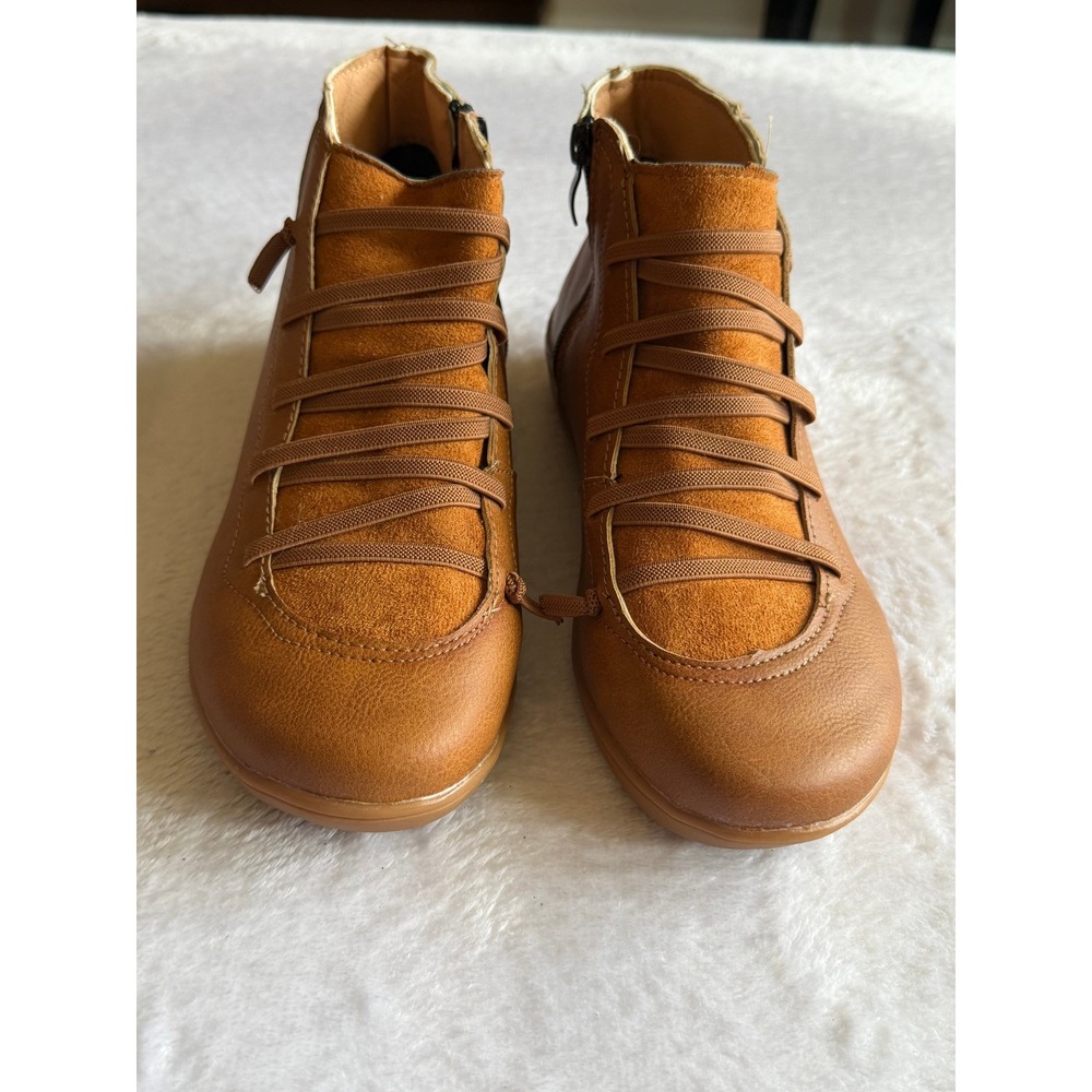 Womens Tan Faux Leather Ankle Boots Size 7 EU 37 Elastic Lace Side Zip Flat